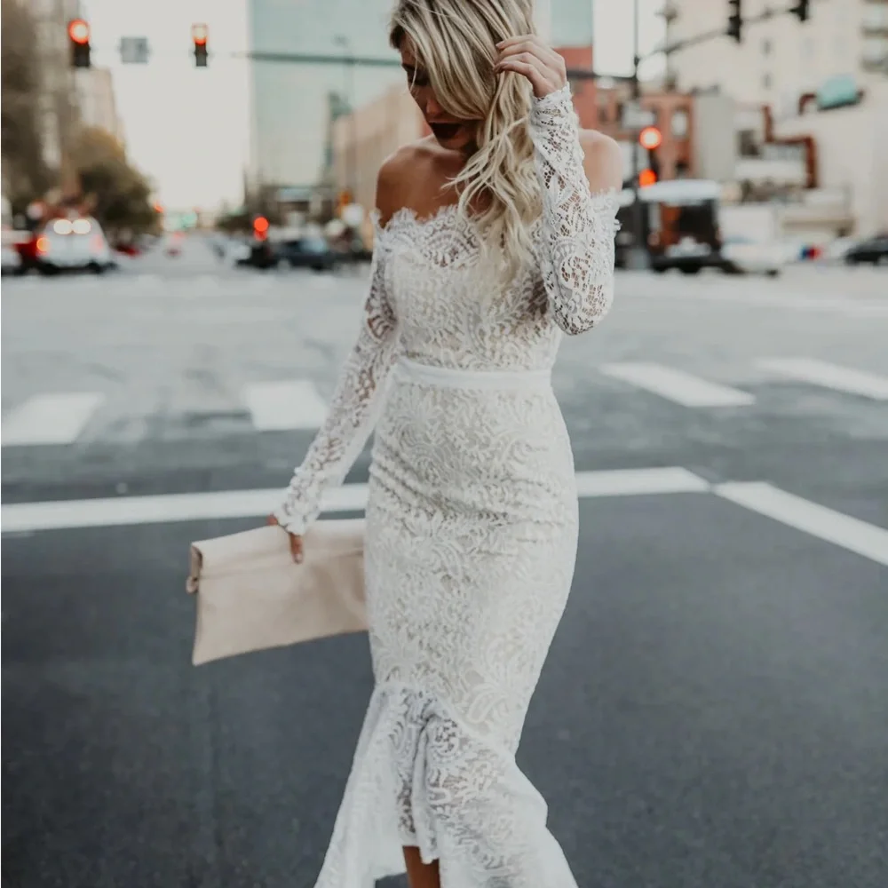 Women's Floral Lace Long Sleeve Off Shoulder Wedding Mermaid Dress